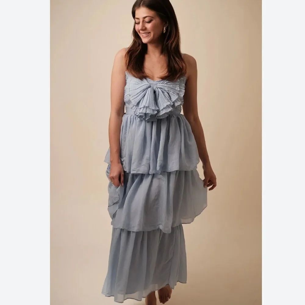 Sofie the Label Fiona Solid Tiered Bow Detail Midi Dress (Blue)